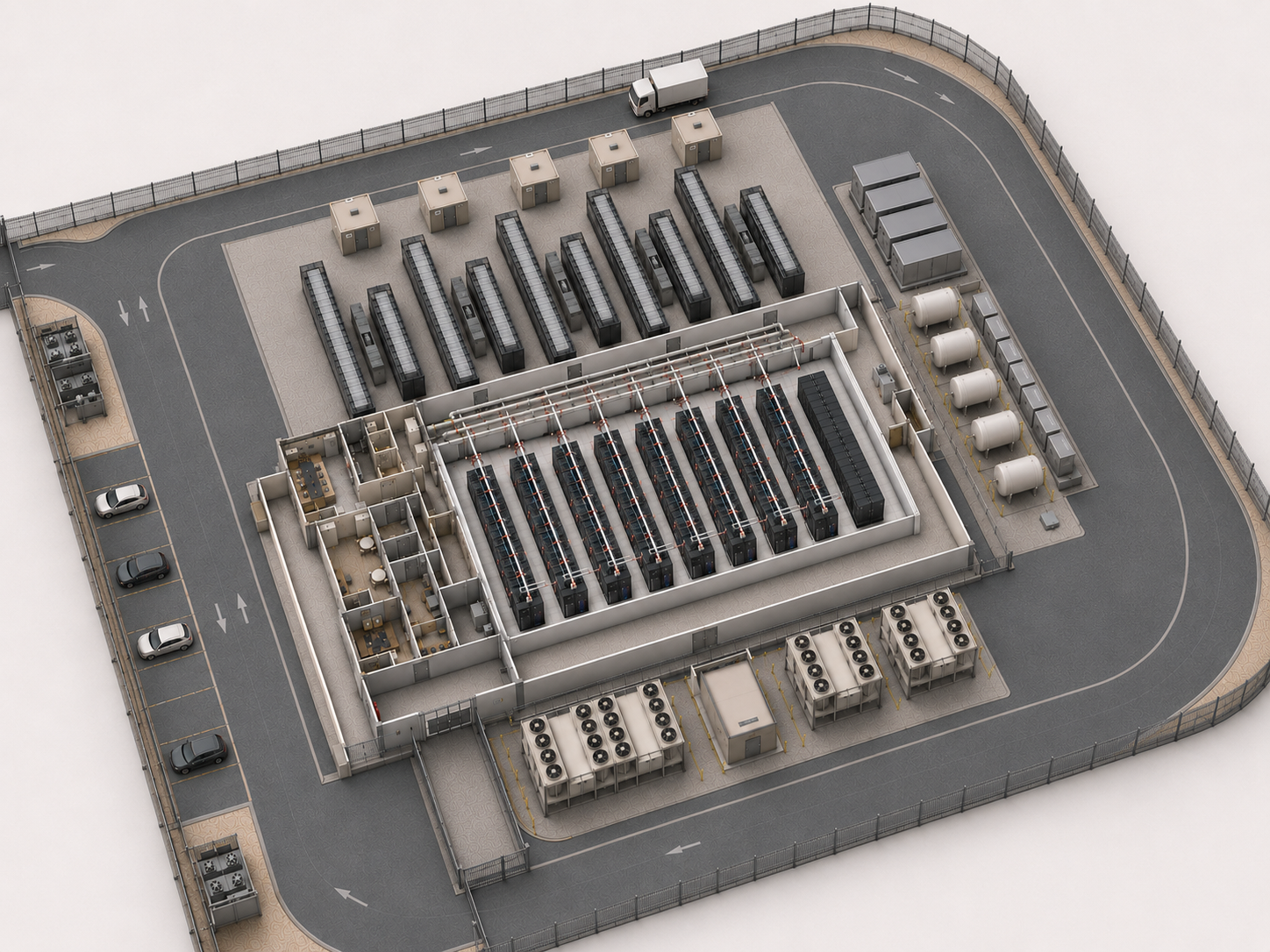 3D render of a JEVONS EDGE edge data centre — a secured plot with prefabricated power and cooling modules around a high-density compute hall